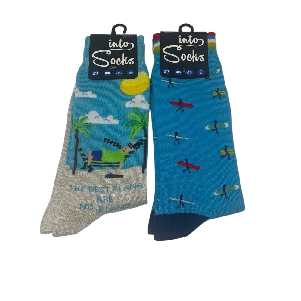 INTO SOCKS Men's Novelty Crew Socks 2 Pair Beach Hammock/Surfer Shoe Size 7-12